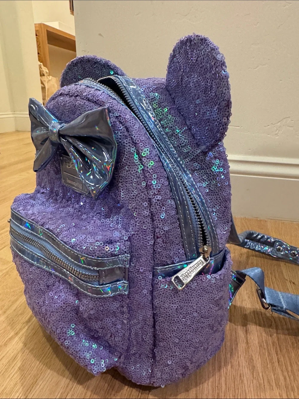 Loungefly Disney Purple Sequin Minnie Ear Mini Backpack with Holographic Bow